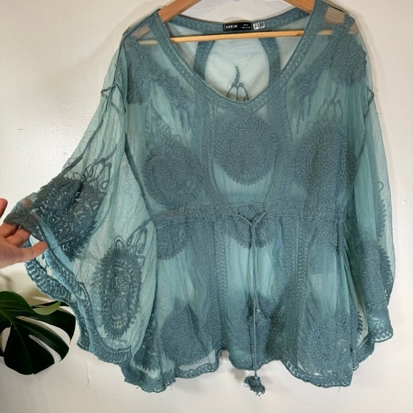 Sheer mesh lace boho blouse embroidered blue batwing sleeve OS loose fit SP230 - Picture 4 of 14